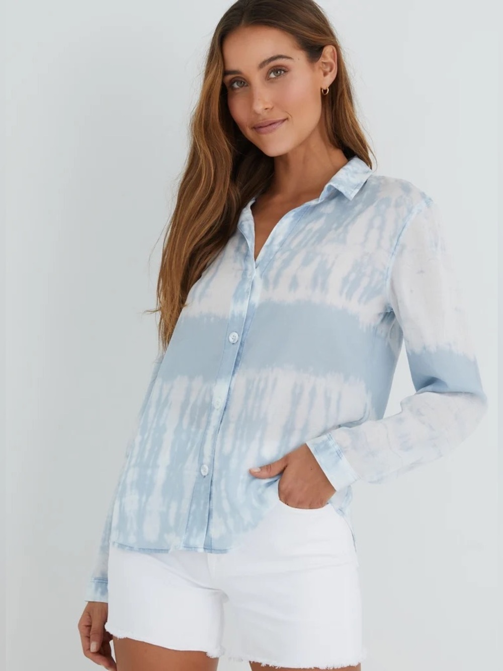 Bella Dahl Light Blue Tie-Dye Button-Up Shirt with fray detail XS- never worn! - Picture 3 of 9